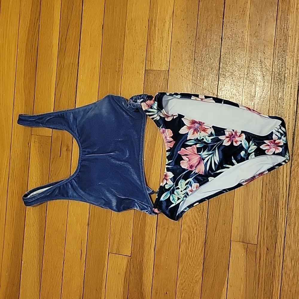 Victoria's Secret Love Pink Blue Velvet Tropical Floral Cutout One Piece Bikini